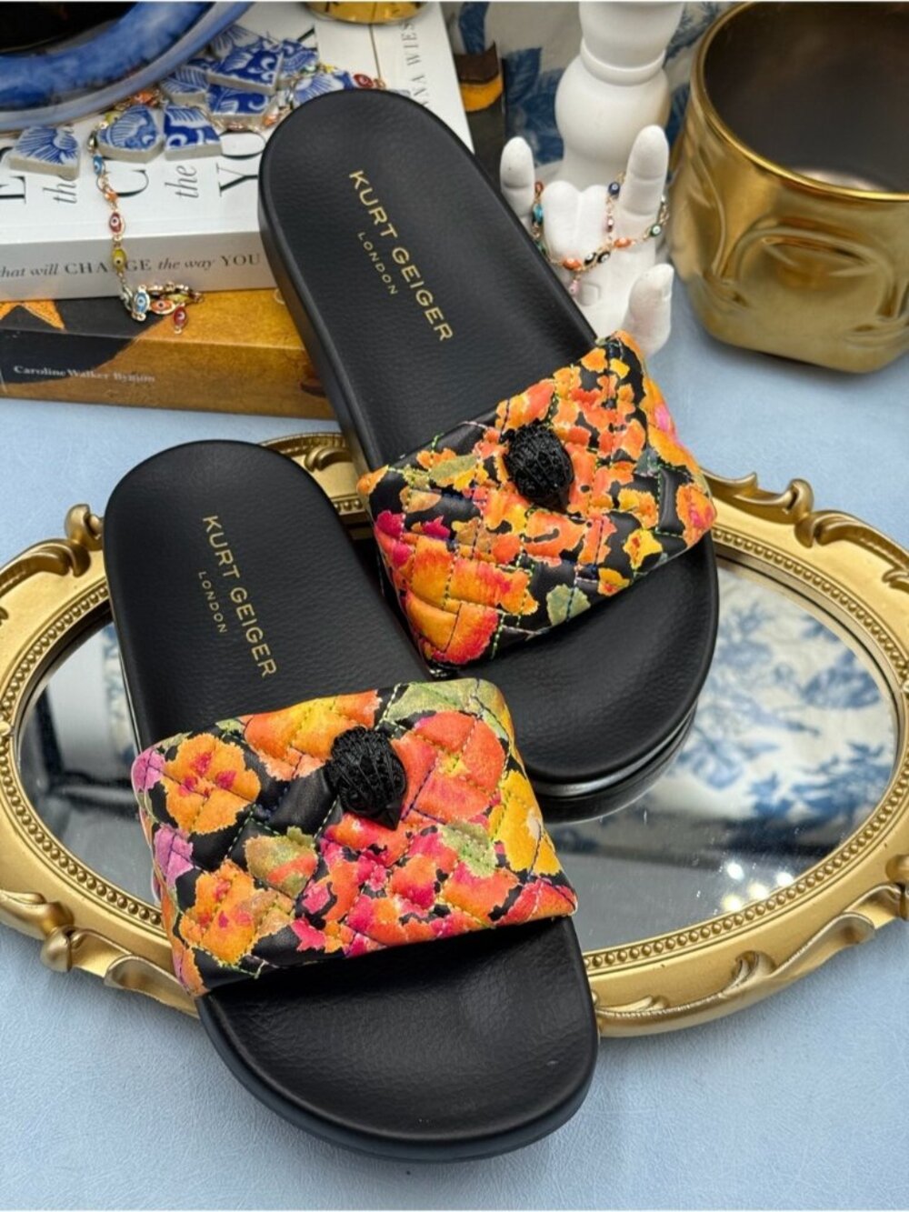 🆕 KURT GEIGER LONDON 🧿 NWOB Meena Eagle Black Floral Print Slides